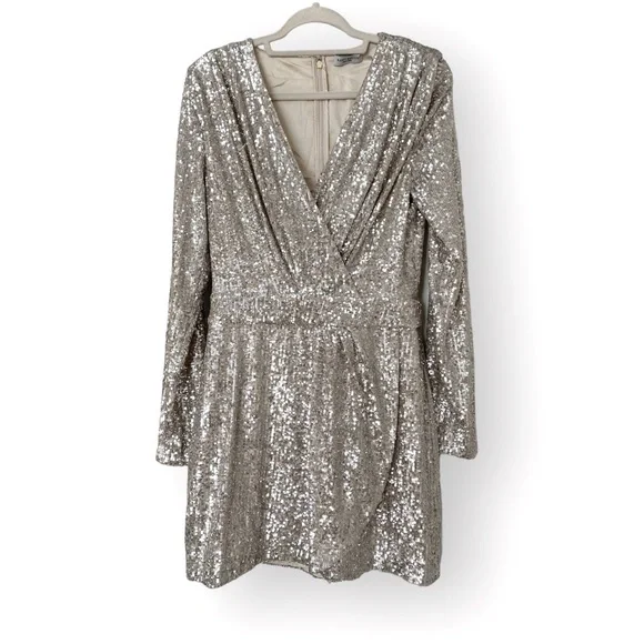 slim fit dress slacks Ruma Faux Wrap Shirt Dress Sequin Silver